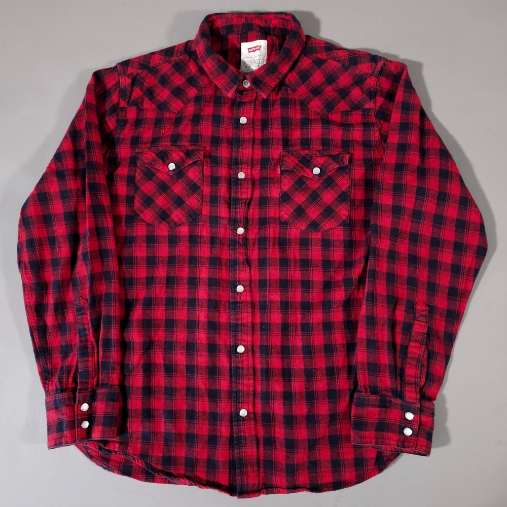 Levi's Western Flannel Shirt Mens L Red Black Buffalo Plaid Pearl Snap Cotton